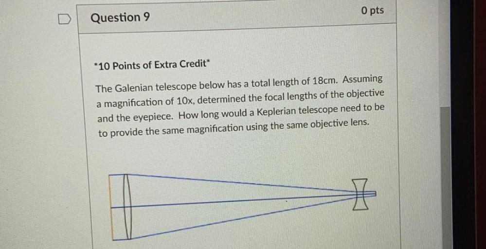 O pts
Question 9
*10 Points of Extra Credit
The Galenian telescope below has a total length of 18cm. Assuming
a magnification of 10x, determined the focal lengths of the objective
and the eyepiece. How long would a Keplerian telescope need to be
to provide the same magnification using the same objective lens.