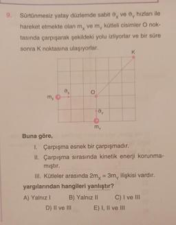 9.
Sürtünmesiz yatay düzlemde sabit oy ve 0, hızları ile
hareket etmekte olan my ve my kütleli cisimler O nok-
tasında çarpışarak şekildeki yolu izliyorlar ve bir süre
sonra k noktasına ulaşıyorlar.
K
O
mx
'Y
my
Buna göre,
1. Çarpışma esnek bir çarpışmadır.
II. Çarpışma sırasında kinetik enerji korunma-
mıştır.
III. Kütleler arasında 2mx = 3m, ilişkisi vardır.
yargılarından hangileri yanlıştır?
A) Yalnız! B) Yalnız II C) I ve III
D) II ve III E) I, II ve III