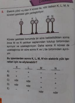 2. Elektrik yükü +9 olan X küresi ile, nötr iletken K, L, M, N
küreleri şekildeki gibi yerleştiriliyor.
M N
X
K L
Küreler şekildeki konumda bir süre bekletildikten sonra
önce M ve N yalıtkan saplarından tutulup birbirinden
ayrılıyor ve uzaklaştırılıyor. Daha sonra X küresi de
uzaklaştırılıp bir süre sonra K ve L'de birbirinden ayrılı-
yor.
Bu işlemlerden sonra K, L, M, N'nin elektrik yük işa-
retleri için ne söylenebilir?
K
L
M
N
A)
+
B)
+
-
+
C)
nötr
nötr
-
notr
D)
E)
nötr
+
nötr
nötr
6
