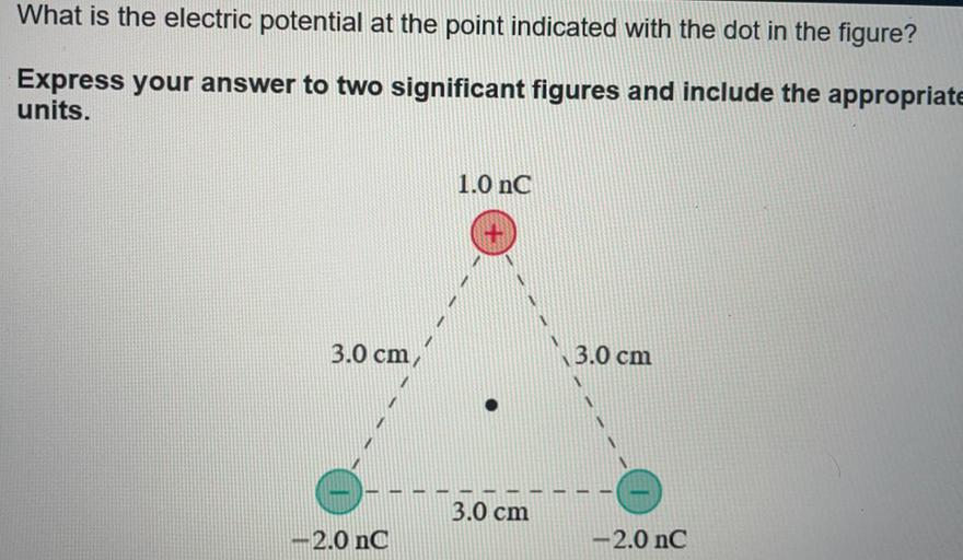 What is the electric potential at the point indicated with the dot in the figure?
Express your answer to two significant figures and include the appropriate
units.
1.0 nC
3.0 cm,
3.0 cm
3.0 cm
-2.0 nC
-2.0 nc