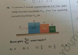 Is-su
14. X cismine F kuvveti uygulandığında X'in Y'ye uygu-
ladığı kuvvetin büyüklüğü Fxy. Z'nin Y'ye uyguladığı
kuvvetin büyüklüğü Fzy'dir.
X
Y
N
F
6kg
Ako
2kg
&UT
Exy
Buna göre Fzy
oranı kaçtır?
E) 8
A) 4 B) 2 C)
c) 1 0 1
D) Ź