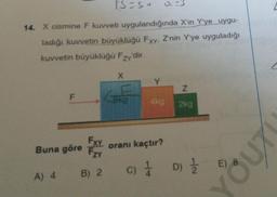 Is-su
14. X cismine F kuvveti uygulandığında X'in Y'ye uygu-
ladığı kuvvetin büyüklüğü Fxy. Z'nin Y'ye uyguladığı
kuvvetin büyüklüğü Fzy'dir.
X
Y
N
F
6kg
Ako
2kg
&UT
Exy
Buna göre Fzy
oranı kaçtır?
E) 8
A) 4 B) 2 C)
c) 1 0 1
D) Ź
