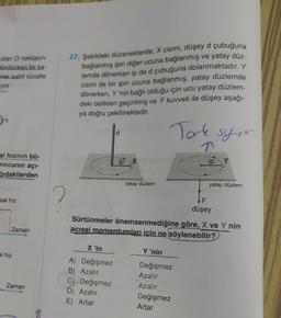 27. Şekildeki düzeneklerde; X cismi, düşey d çubuğuna
olan O noktasın-
Hürülürken bir ka-
erek sabit süratle
yor.
bağlanmış ipin diğer ucuna bağlanmış ve yatay düz-
lemde dönerken ip de d çubuğuna dolanmaktadır. Y
cismi de bir ipin ucuna bağlanmış, yatay düzlemde
dönerken, Y'nin bağlı olduğu için ucu yatay düzlem-
deki delikten geçirilmiş ve F kuvveti ile düşey aşağı-
ya doğru çekilmektedir.
OK
Taksyon
d
T
ipY
al hızının bü-
rincanin açı-
ğıdakilerden
ip X
yatay düzlem
yatay düzlem
2
sal hız
F
düşey
Sürtünmeler önemsenmediğine göre, X ve Y nin
açısal momentumları için ne söylenebilir?
Zaman
X'in
al hız
Y'nin
A) Değişmez
B) Azalır
C) Değişmez
D) Azalır
E) Artar
Zaman
Değişmez
Azalır
Azalır
Değişmez
Artar
nik
