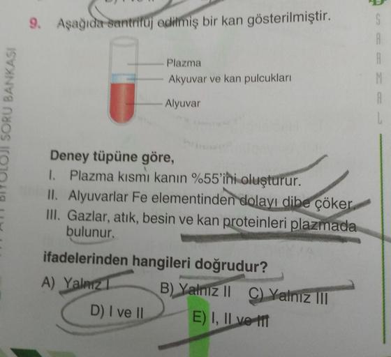 9. Aşağıda santrifüj edilmiş bir kan gösterilmiştir.
Plazma
Akyuvar ve kan pulcukları
SORU BANKASI
M
A
Alyuvar
2
Deney tüpüne göre,
1. Plazma kısmı kanın %55'ini oluşturur.
II. Alyuvarlar Fe elementinden dolayı dibe çöker
III. Gazlar, atik, besin ve kan pr