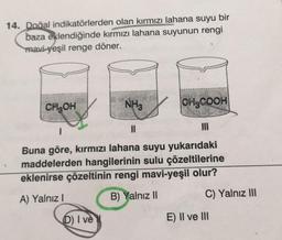 14. Doğal indikatörlerden olan kırmızı lahana suyu bir
baza eklendiğinde kırmızı lahana suyunun rengi
mavi-yeşil renge döner.
CH2OH
NHS
CHCOOH
1
II
III
Buna göre, kırmızı lahana suyu yukarıdaki
maddelerden hangilerinin sulu çözeltilerine
eklenirse çözeltinin rengi mavi-yeşil olur?
A) Yalnız!
B) Yalnız II
C) Yalnız III
DIve
E) II ve III