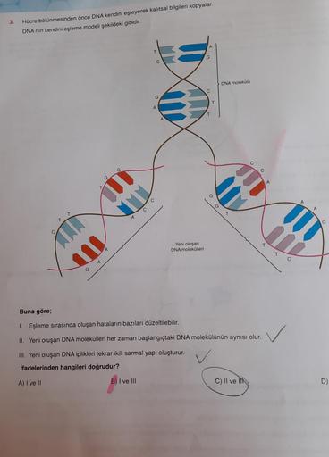 3.
Hücre bölünmesinden önce DNA kendini eşleyerek kalıtsal bilgileri kopyalar.
DNA nin kendini eşleme modeli şekildeki gibidir.
T
0
DNA moleküla
C
G
T
A
T
C
C
G
A
G
C
4
G
C
Yeni oluşan
DNA molekülleri
4
C
4
G
Buna göre;
I. Eşleme sırasında oluşan hataların