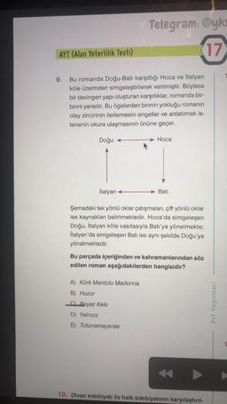 Telegram: @yk
17
AYT (Alan Yeterlilik Testi)
9.
Bu romanda Doğu-Batı karşıtlığı Hoca ve İtalyan
köle üzerinden simgeleştirilerek verilmiştir. Böylece
bir devingen yapı oluşturan karşıtlıklar, romanda bir-
birini yansıtır. Bu ögelerden birinin yokluğu romanın
olay zincirinin ilerlemesini engeller ve anlatılmak is-
tenenin okura ulaşmasının önüne geçer.
Doğu +
Hoca
İtalyan
Bati
Şemadaki tek yönlü oklar çatışmaları, çift yönlü oklar
ise kaynakları belirtmektedir. Hoca'da simgeleşen
Doğu, İtalyan köle vasıtasıyla Batı'ya yönelmekte;
İtalyan'da simgeleşen Batı ise aynı şekilde Doğu'ya
yönelmektedir.
Bu parçada içeriğinden ve kahramanlarından söz
edilen roman aşağıdakilerden hangisidir?
A) Kürk Mantolu Madonna
B) Huzur
c) Beyaz Kale
D) Yalnızız
Prf Yayınları
E) Tutunamayanlar
10. Divan edebiyatı ile halk edebiyatının karşılaştırıl-
