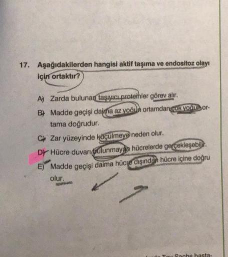 17. Aşağıdakilerden hangisi aktif taşıma ve endositoz olayı
için ortaktır?
A) Zarda bulunan taşıyıcı proteinler görev alır.
B) Madde geçişi daima az yoğun ortamdan çok vooraor-
tama doğrudur.
C Zar yüzeyinde küçülmeye neden olur.
DY Hücre duvan bulunmayan 