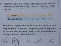 9. Aşağıdaki tablo bir sınıftaki öğrencilerin matematik
si-
navindan 5 üzerinden aldığı puanların dağılımını göster-
mektedir.
Puan
1
2
3
4
5
Öğrenci sayısı
1
4
3
5
3
Bu siniftaki öğrencilerin puanlarının ortalaması 3,2 ol-
duğuna göre, bu sınıftan rastgele seçilen bir öğrenci-
nin matematik sınavından aldığı puanı 3'ten fazla olan
bir öğrenci olma olasılığı kaçtır?
3
A)
7
7
B)
5
9
D)
17