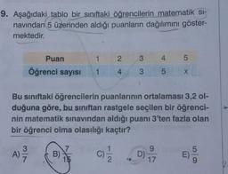 9. Aşağıdaki tablo bir sınıftaki öğrencilerin matematik
si-
navindan 5 üzerinden aldığı puanların dağılımını göster-
mektedir.
Puan
1
2
3
4
5
Öğrenci sayısı
1
4
3
5
3
Bu siniftaki öğrencilerin puanlarının ortalaması 3,2 ol-
duğuna göre, bu sınıftan rastgele seçilen bir öğrenci-
nin matematik sınavından aldığı puanı 3'ten fazla olan
bir öğrenci olma olasılığı kaçtır?
3
A)
7
7
B)
5
9
D)
17
