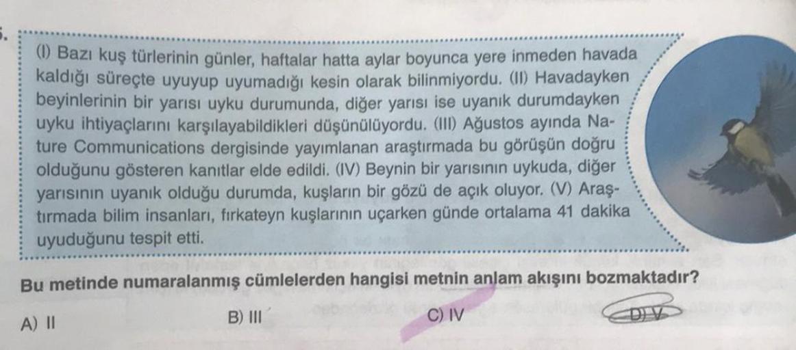 ( Bazı kuş türlerinin günler, haftalar hatta aylar boyunca yere inmeden havada
kaldığı süreçte uyuyup uyumadığı kesin olarak bilinmiyordu. (I) Havadayken
beyinlerinin bir yarısı uyku durumunda, diğer yarısı ise uyanık durumdayken
uyku ihtiyaçlarını karşıla