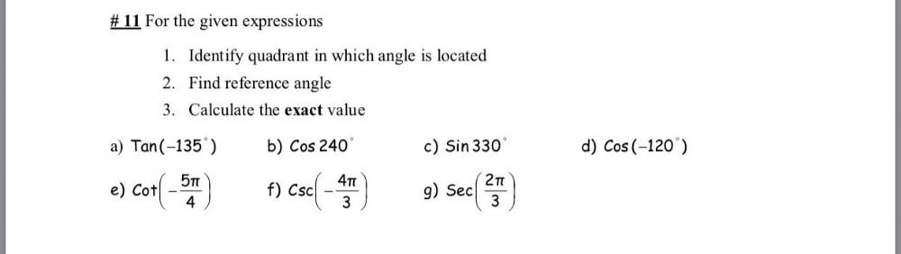  11 For The Given Expressions 1 Identify Quadrant In W Math