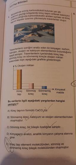 TYT Fen Bilimleri
sularının geçtigi bölgelerde kireç taşını eriterek basınçsiz
Bonyesinde erimiş karbondioksit bulunan yer alti
rasinin kayalar üzerine çökmesiyle travertenler oluşur.
ortama çiktiginda karbondioksitin aniden uçması ve kireç
Travertenlerin içeriğini analiz eden bir kimyager; karbon,
tespit etmiştir. Travertenlerin içerisindeki kireç taşı,
hidrojen, oksijen ve kalsiyum elementlerinin bulunduğunu
arasındaki ilişki aşağıdaki grafikte gösterilmiştir.
sönmüş kireç ve sönmemiş kireçle oksijen miktarı
% Oksijen miktarı
Kireç
taşı
Sönmüş Sönmemiş
kireç kireç
Kimyasal
madde
Bu verilerle ilgili aşağıdaki yargılardan hangisi
yanlıştır?
A) Kireç taşının formülü Caco,tür.
B) Sönmemiş kireç, kalsiyum ve oksijen elementlerinden
oluşmuştur.
C) Sönmüş kireç, bir bileşik özelliğine sahiptir.
D) Kimyagerin analizi, analitik kimyanın çalışma alanına
girer.
E) Kireç taşı element molekülünden, sönmüş ve
sönmemiş kireç bileşik molekülünden oluşmuştur.