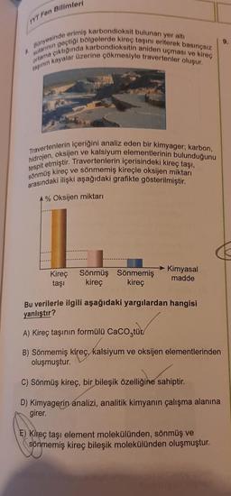 TYT Fen Bilimleri
sularının geçtigi bölgelerde kireç taşını eriterek basınçsiz
Bonyesinde erimiş karbondioksit bulunan yer alti
rasinin kayalar üzerine çökmesiyle travertenler oluşur.
ortama çiktiginda karbondioksitin aniden uçması ve kireç
Travertenlerin içeriğini analiz eden bir kimyager; karbon,
tespit etmiştir. Travertenlerin içerisindeki kireç taşı,
hidrojen, oksijen ve kalsiyum elementlerinin bulunduğunu
arasındaki ilişki aşağıdaki grafikte gösterilmiştir.
sönmüş kireç ve sönmemiş kireçle oksijen miktarı
% Oksijen miktarı
Kireç
taşı
Sönmüş Sönmemiş
kireç kireç
Kimyasal
madde
Bu verilerle ilgili aşağıdaki yargılardan hangisi
yanlıştır?
A) Kireç taşının formülü Caco,tür.
B) Sönmemiş kireç, kalsiyum ve oksijen elementlerinden
oluşmuştur.
C) Sönmüş kireç, bir bileşik özelliğine sahiptir.
D) Kimyagerin analizi, analitik kimyanın çalışma alanına
girer.
E) Kireç taşı element molekülünden, sönmüş ve
sönmemiş kireç bileşik molekülünden oluşmuştur.
