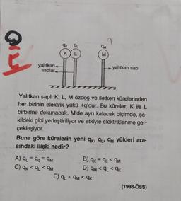 7
AK 9L
OM
E
KYL
M
yalıtkan
saplar
yalıtkan sap
Yalıtkan saplı K, L, M özdeş ve iletken kürelerinden
her birinin elektrik yükü +q'dur. Bu küreler, K ile L
birbirine dokunacak, M'de ayrı kalacak biçimde, şe-
kildeki gibi yerleştiriliyor ve etkiyle elektriklenme ger-
çekleşiyor.
Buna göre kürelerin yeni qk, qu, qm yükleri ara-
sindaki ilişki nedir?
A) qu = 94 = 9M
B) QK = Q_< 9M
C) ak <9_< GM
D) 4M < 9. <QK
E) qu< 4M <CK
(1993-ÖSS)
