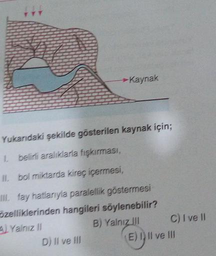 Kaynak
Yukandaki şekilde gösterilen kaynak için;
belirli aralıklarla fışkırması,
Il bol miktarda kireç içermesi,
M. fay hatlarıyla paralellik göstermesi
özelliklerinden hangileri söylenebilir?
4 Yalnız 11
B) Yalnız il C) I ve II
D) Il ve II
E) Il ve III