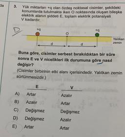 da
3.
Yük miktarları +q olan özdeş noktasal cisimler, şekildeki
konumlarda tutulmakta iken O noktasında oluşan bileşke
elektrik alanın şiddeti E, toplam elektrik potansiyeli
V kadardır.
+
+9
O
Yalıtkan
zemin
d
d
Buna göre, cisimler serbest bırakıldıktan bir süre
sonra Eve V nicelikleri ilk durumuna göre nasıl
değişir?
(Cisimler birbirinin etki alanı içerisindedir. Yalıtkan zemin
sürtünmesizdir.)
E
V
A)
Artar
Azalır
B)
Azalır
Artar
SIA
C)
Değişmez
Değişmez
Değişmez
D)
Azalır
E)
Artar
Artar
