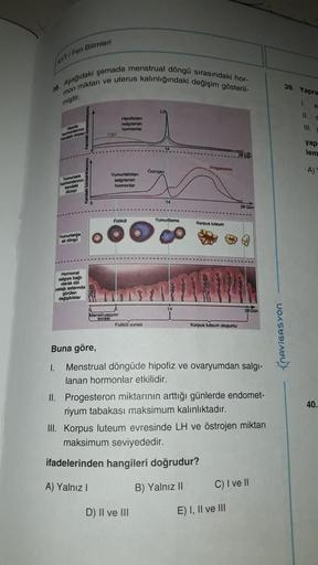 AYT/Fen Bilimleri
Asagidaki şemada menstrual döngü sırasındaki hor-
mon miktarı ve uterus kalınlığındaki değişim gösteril-
39. Yapra
mistir.
1
e
Hiponden
alanan
hormonlar
111
yap
lem
gen
Progesteron
Ostrojen
A)
lannin
Turutak
Rand
dire
Yumurtalıktan
Nalgil