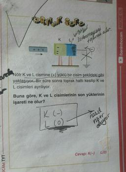 GORO
EOL
ABONE
hocam
Ibenimho
bune rotur
K
LA
Istermeyeni
aler,
toprak als
+ + +
Vela
Nötr Kve L cismine (+) yüklü bir cisim şekildeki gibi
yaklaşıyor. Bir süre sonra toprak hattı kesilip k ve
L cisimleri ayrılıyor.
Son
Buna göre, K ve L cisimlerinin son yüklerinin
işareti ne olur?
K(-)
nasil
L (0)
niyor
Cevap: K(-) L(0)
TYT
OCAM
