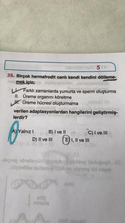 horn
5
35. Birçok hermafrodit canlı kendi kendini dölleme-
mek için;
Slot
U Farklı zamanlarda yumurta ve sperm oluşturma
II. Üreme organini köreltme
W. Üreme hücresi oluşturmama
verilen adaptasyonlardan hangilerini geliştirmiş
lerdir?
A) Yalnız 1 B) I ve II
C) I ve III
D) II ve III E) I, II ve III
lorogebrero
obbleg is.
nitong uld noge
tie
AVA
