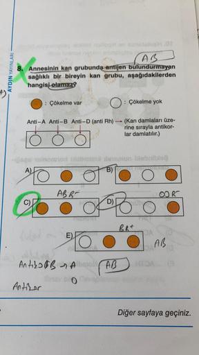 AYDIN YAYINLARI
AB
8. Annesinin kan grubunda antijen bulundurmayan
sağlıklı bir bireyin kan grubu, aşağıdakilerden
hangisi olamaze
: Çökelme var
: Çökelme yok
Anti-A Anti-B Anti-D (anti Rh)
(Kan damlaları üze-
rine sırayla antikor-
lar damlatılır.)
in Doni