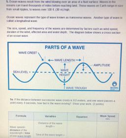 5. Ocean waves result from the wind blowing over an area of a fluid surface. Waves in the
oceans can travel thousands of miles before reaching land. These waves on Earth range in size
from small ripples, to waves over 100 ft. (30 m) high,
Ocean waves repre