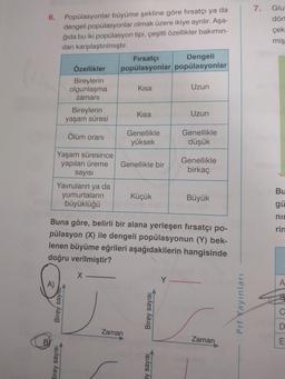 7.
Glu
6.
dör
Popülasyonlar büyüme şekline göre fırsatçı ya da
dengeli popülasyonlar olmak üzere ikiye ayrilir. Aşa-
ğıda bu iki popülasyon tipi, çeşitli özellikler bakımın-
dan karşılaştırılmıştır.
çek
mis
Özellikler
Fırsatçı Dengeli
popülasyonlar popülasyonlar
Bireylerin
olgunlaşma
zamanı
Kısa
Uzun
Bireylerin
yaşam süresi
Kisa
Uzun
Ölüm oranı
Genellikle
yüksek
Genellikle
düşük
Yaşam süresince
yapılan üreme
sayısı
Genellikle bir
Genellikle
birkaç
Bu
Yavruların ya da
yumurtaların
büyüklüğü
Küçük
Büyük
gü
nit
rin
Buna göre, belirli bir alana yerleşen firsatçı po-
pülasyon (X) ile dengeli popülasyonun (Y) bek-
lenen büyüme eğrileri aşağıdakilerin hangisinde
doğru verilmiştir?
X
Y
A
Birey sayist
Birey sayısı
Prf Yayinlari
C
D
Zaman
Zaman
B
E
Birey sayısı
ey sayisi