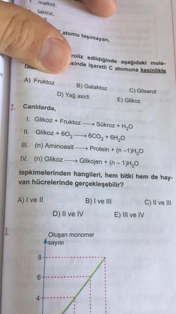 maltoz,
laktoz,
atomu taşımayan,
sel
roliz edildiğinde aşağıdaki mole-
isinde işaretli C atomuna kesinlikle
ir
A) Fruktoz
B) Galaktoz
C) Gliserol
D) Yağ asidi
E) Glikoz
2. Canlılarda,
1. Glikoz + Fruktoz - Sükroz + H2O
II. Glikoz + 602 → 6CO2 + 6H20
III. (n) Aminoasit --- Protein + (n-1)H2O
IV. (n) Glikoz —— Glikojen + (n - 1)H20
tepkimelerinden hangileri, hem bitki hem de hay-
van hücrelerinde gerçekleşebilir?
A) I ve II
B) I ve III
C) II ve III
D) II ve IV
E) III ve IV
3.
Oluşan monomer
sayısı
8
8
6
4-
