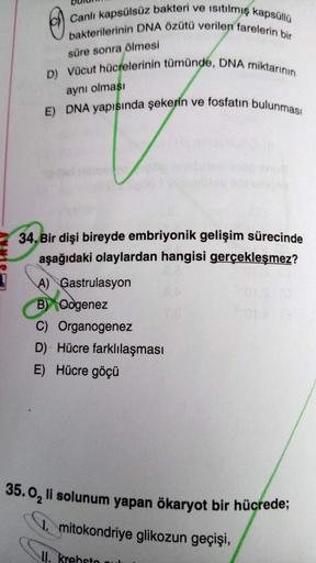 Canlı kapsülsüz bakteri ve isitilmiş kapsüllü
bakterilerinin DNA özütü verilen farelerin bir
süre sonra ölmesi
D) Vücut hücrelerinin tümünde, DNA miktarının
aynı olması
E) DNA yapısında şekerin ve fosfatın bulunmasi
34. Bir dişi bireyde embriyonik gelişim 