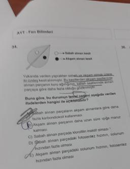 AYT Fen Bilimleri
36.
Sabah alinan kesit
Akşam alinan kesit
Yukarıda verilen yapraktan sabah ve akşam olmak üzere
iki özdeş kesit alınmıştır. Bu kesitlerden akşam saatlerinde
alinan parçanın kuru ağırlığının, sabah saatlerinde alınan
parçaya göre daha fazla olduğu gözlenmiştir.
Buna göre, bu durumun tentel nedeni aşağıda verilen
ifadelerden hangisi ile açıklanabilir?
AS Sabah alınan parçaların akşam alınanlara göre daha
fazla karbondioksit kullanması
5)) Akşam alınan parçanın daha uzun süre işığa maruz
kalması
C) Sabah alınan parçada klorofilin inaktif olması
D) Sabah alinan parçadaki fotosentez hızının, solunum
hızından fazla olması
GE) Akşam alınan parçadaki solunum hızının, fotosentez
hızından fazla olması
