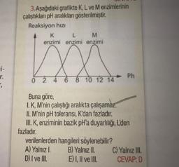 3. Aşağıdaki grafikte K, L ve Menzimlerinin
çalıştıkları pH aralıkları gösterilmiştir.
Reaksiyon hizi
K
L M
enzimi enzimi enzimi
w a
i-
r.
Ph
0 2
6 8 10 12 14
Buna göre,
I.K, M'nin çalıştığı aralıkta çalışamaz.
II. M'nin pH toleransi, K'dan fazladır.
III. K, enziminin bazik pH'a duyarlılığı
, L'den
fazladır.
verilenlerden hangileri söylenebilir?
A) Yalnız I. B) Yalnız II. C) Yalnız III.
D) I ve III. E) I, II ve III. CEVAP:D
