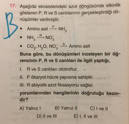 17. Aşağıda ekosistemdeki azot döngüsünde etkinlik
gösteren P, R ve S canlılarının gerçekleştirdiği dö-
nüşümler verilmiştir.
B
•
Amino asit
P
NH3
NH, B, NO,
S
CO,H,O, NO3
Amino asit
Buna göre, bu dönüşümleri inceleyen bir öğ-
rencinin P, R ve S canlıları ile ilgili yaptığı,
1.
R ve S canlıları ototroftur.
II. P ökaryot hücre yapısına sahiptir.
III. R abiyotik azot fiksasyonu sağlar.
yorumlarından hangilerinin doğruluğu kesin-
dir?
A) Yalnız! B) Yalnız II C) I ve II
D) II ve III E) I, II ve III
