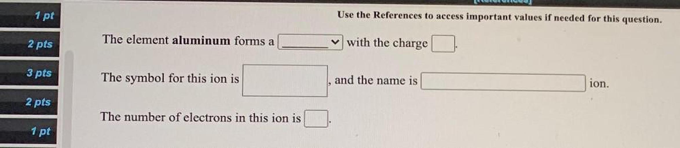 1. The element aluminum forms a_______ with the charge________ .
2. The symbol for this ion is _______ and the name is _________ ion.
3. The number of electrons in this ion is _______.