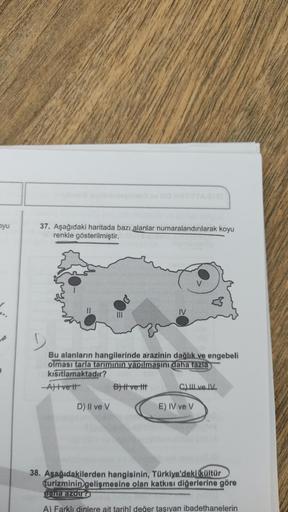 pyu
37. Aşağıdaki haritada bazı alanlar numaralandırılarak koyu
renkle gösterilmiştir.
IV
Bu alanların hangilerinde arazinin dağlık ve engebeli
olması tarla tariminin yapılmasını daha fazla
kısıtlamaktadır?
Altrett Byt vett
Il ve I.
D) II ve V
E) IV ve v
3