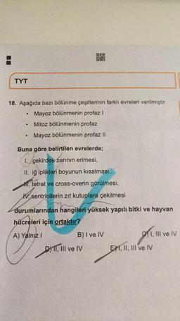 OSO
TYT
18. Aşağıda bazı bölünme çeşitlerinin farklı evreleri verilmiştir.
Mayoz bölünmenin profazi
.
Mitoz bölünmenin profaz
Mayoz bölünmenin profaz Il
Buna göre belirtilen evrelerde;
1. çekirdek zarinin erimesi,
II. iğ iplikleri boyunun kısalması,
M. tetrat ve cross-overin görülmesi,
W. sentriollerin zıt kutuplara çekilmesi
durumlarından hangileri yüksek yapılı bitki ve hayvan
hücreleri için ortaktır?
A) Yalnız!
B) I ve IV
OSI, III ve IV
i live
DII, III ve IV
EXT, II, III ve IV