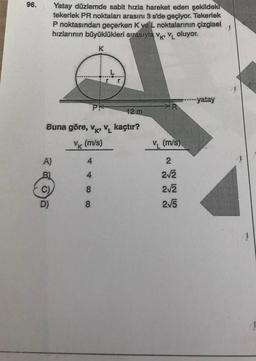96.
Yatay düzlemde sabit hızla hareket eden şekildeki
tekerlek PR noktaları arasını 3 s'de geçiyor. Tekerlek
P noktasından geçerken K ve L noktalarının çizgisel
hızlarının büyüklükleri sırasıyla Vk Voluyor.
K
T
r
*Yatay
PE
>R
12 m
Buna göre, VK, V. kaçtır?
Vk (m/s)
v (m/s)
A)
4
2
4
22
212
8
D)
8