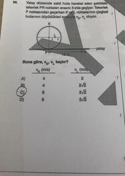 96.
Yatay düzlemde sabit hızla hareket eden şekildeki
tekerlek PR noktaları arasını 3 s'de geçiyor. Tekerlek
P noktasından geçerken K ve L noktalarının çizgisel
hızlarının büyüklükleri sırasıyla Vk Voluyor.
K
T
r
*Yatay
PE
>R
12 m
Buna göre, VK, V. kaçtır?
Vk (m/s)
v (m/s)
A)
4
2
4
22
212
8
D)
8
