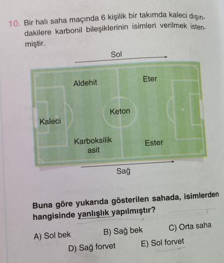 10. Bir halı saha maçında 6 kişilik bir takımda kaleci dışın-
dakilere karbonil bileşiklerinin isimleri verilmek isten-
miştir.
Sol
Eter
Aldehit
Keton
Kaleci
Karboksilik
asit
Ester
Sağ
Buna göre yukarıda gösterilen sahada, isimlerden
hangisinde yanlışlık y