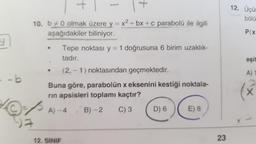 12. Üçün
bölü
P(x
y
10. b +0 olmak üzere y = x2 + bx+c parabolü ile ilgili
aşağıdakiler biliniyor.
Tepe noktası y = 1 doğrusuna 6 birim uzaklık-
tadır.
(2, -1) noktasından geçmektedir.
eşit
A)
-b
Buna göre, parabolün x eksenini kestiği noktala-
rin apsisleri toplamı kaçtır?
x
A) - 4
B)-2
C) 3
D) 6
E) 8
7
12. SINIF
23
