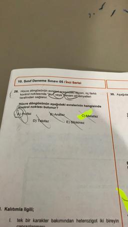 10. Sınıf Deneme Sınavı 05 / Inci Serisi
28. Hücre döngüsünün evreleri arasındakrauzen, aç farklı
kontrol noktasında "dur veya devam etsinyalleri
30. Aşağıda
tarafından sağlanır,
Hücre döngüsünün aşağıdaki evrelerinin hangisinde
kontrol noktası bulunur?
A Profaz
B) Anafaz
C) Metafaz
D) Telofaz
E) Sitokinez
.. Kaltımla ilgili;
1
tek bir karakter bakımından heterozigot iki bireyin
cararlanmasi