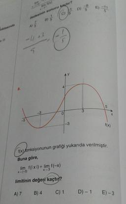 lim )
D) 5
E)
C)
ifadesinin sonucu kaçtır?
B)
A)
oktasında
-4 +3
5
8.
5
3
-3
O
-5
3
f(x)
f(x) fonksiyonunun grafiği yukarıda verilmiştir.
Buna göre,
lim f(x1) + lim f(-x)
X-(-3)
X-3
limitinin değeri kaçtır?
A) 7
C) 1 D) -1 E) - 3
B) 4
