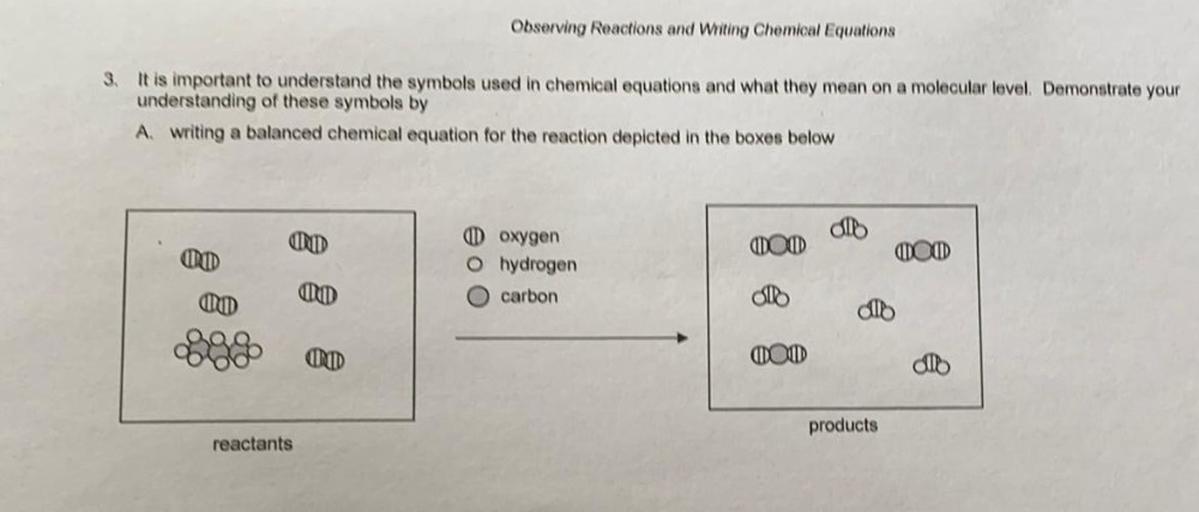 Observing Reactions and Writing Chemical Equations
3. It is important to understand the symbols used in chemical equations and what they mean on a molecular level. Demonstrate your
understanding of these symbols by
A writing a balanced chemical equation for the reaction depicted in the boxes below
MB
CD
DOW
IND
Doxygen
o hydrogen
carbon
000
UD
10
B
OD
OD
M
products
reactants