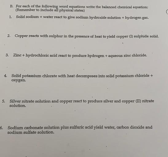 B. For each of the following word equation... Organic Chemistry