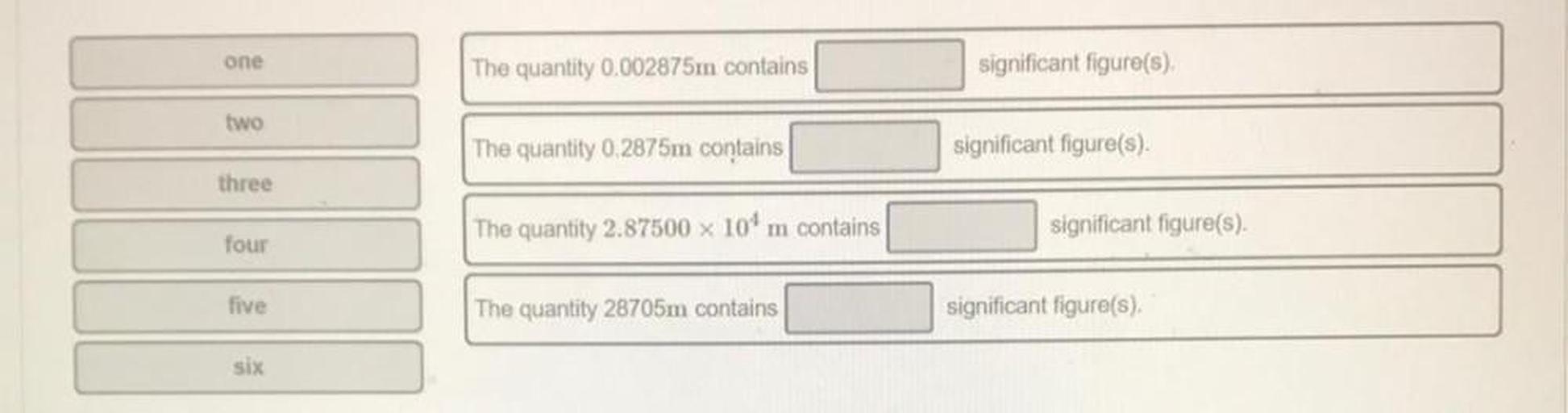 1. The quantity 0.002875m contains _______ significant figure(s).
2. The quantity 0.2875m contains _______ significant figure(s)
3. The quantity 2.87500 x 10⁴ m contains _______ significant figure(s).
4. The quantity 28705m contains _______ significant figure(s)