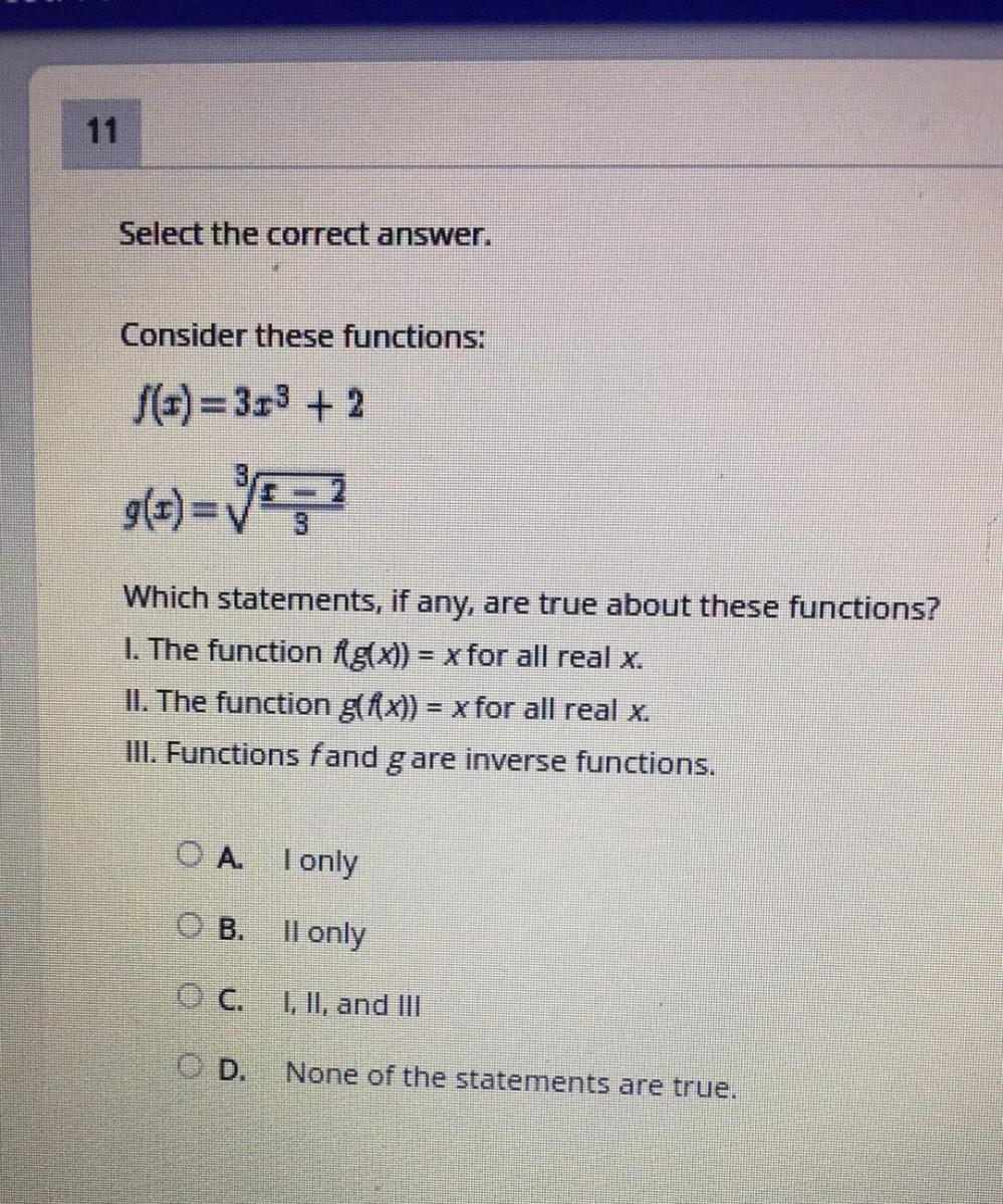 Select The Correct Answer Consider These Functions Math