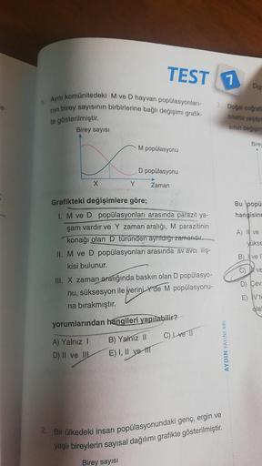 TEST 1
7
Por
1. Aynı komünitedeki M ve D hayvan popülasyonları-
nin birey sayısının birbirlerine bağlı değişimi grafik-
gösterilmiştir.
Birey sayısı
3. Doğal coğrafi
bitatta yaşaya
te
sinin değişim
Bire
M popülasyonu
D popülasyonu
Y
Zaman
Bu popu
hangisine