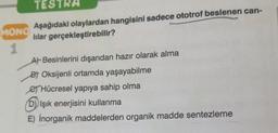 TESTRA
MONO
Aşağıdaki olaylardan hangisini sadece ototrof beslenen can-
lilar gerçekleştirebilir?
1
A) Besinlerini dışarıdan hazır olarak alma
Bt Oksijenli ortamda yaşayabilme
e Hücresel yapıya sahip olma
D) Işık enerjisini kullanma
E) İnorganik maddelerden organik madde sentezleme
