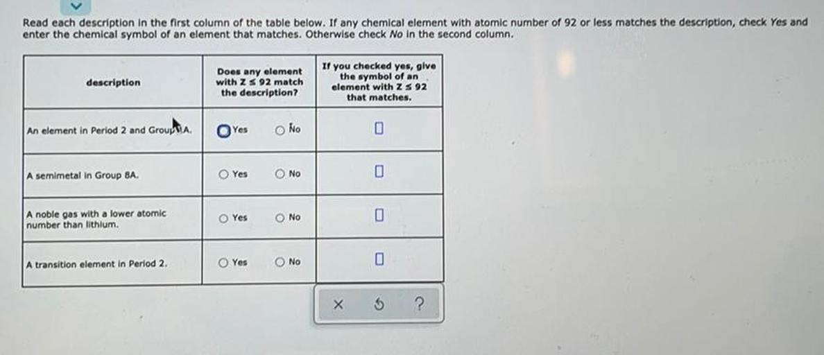 Read each description in the first column of the table below. If any chemical element with atomic number of 92 or less matches the description, check Yes and
enter the chemical symbol of an element that matches. Otherwise check No in the second column.
description
Does any element
with ZS 92 match
the description?
If you checked yes, give
the symbol of an
element with Z S 92
that matches
An element in Period 2 and Group
Yes
ONO
0
A semimetal in Group BA
Yes
O No
A noble gas with a lower atomic
number than lithium
Yes
O
0
A transition element in Perlod 2.
Yes
O No
0
X 5
?