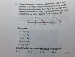 6. Yatay sürtünmesiz düzlemde birbirine iple bağlı K ve L
cisimleri
, O merkezli düzgün dairesel hareket yaparken
iplerdeki gerilme kuvvetleri T1 ve T2, K ve L ye etki eden
merkezcil kuvvetleri Fk ve FL, merkezcil ivmeleri ak ve al,
açısal hızları WK VE WL, çizgisel hızları VK VE VL dir.
T1
T2
2r L
K
Buna göre,
1. Ty > T2
II. FL>FK
Ill. al >ak
IV. WK = WL
V. VL > VK
yargılarından kaç tanesi kesinlikle doğrudur?
B) 2 C) 3 D 4
A) 1
E) 5
