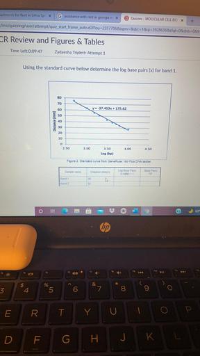 partments for Rent in Lithia Spr x
G assistance with rent in georgia m X
B Quizzes - MOLECULAR CELL BIO X
+
/Ims/quizzing/user/attempt/quiz_start_frame_auto.d2l?ou=2357706&ispry=&drc=1&qi=3928636&cfql=0&dnb=0&fr
CR Review and Figures & Tables
Time Left:0:09:47
Zadaesha Triplett: Attempt 1
Using the standard curve below determine the log base pairs (x) for band 1.
80
70
60
y=-37.453x + 175.62
50
Distance (mm)
40
30
20
10
0
2.50
3.00
4.00
4.50
3.50
Log (bp)
Figure 2. Standard curve from GeneRuler 1kb Plus DNA ladder
Sample name
Distance (mm)
Log Base Pairs
(Logbp) =
Base Pairs
104
Band 1
90
Band 2
92
ORI
9
63
hp
19
no
th
112
13
15
1-
$
&
3
4
%
5
6
7
8
9
E
T
R
O
Y
P
U
D
E
G
I
J
K